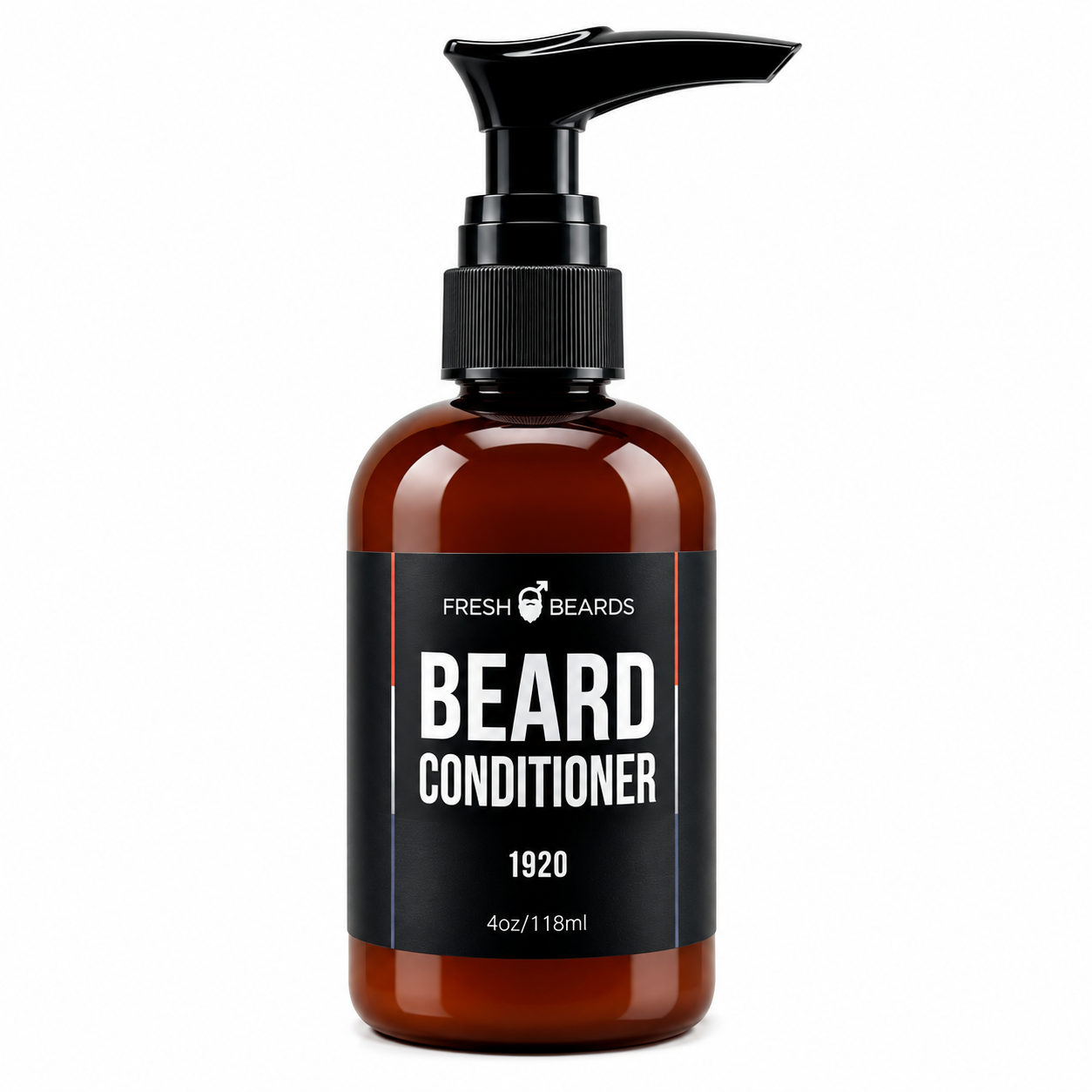 Fresh Beards Beard Conditioner in an amber brown bottle with a black pump dispenser and a black label featuring white text.